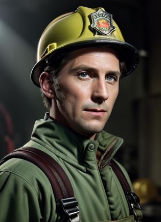 ( <lora:PeterCushing:.8>) close up  Portrait photo of (pc1) man with short hair, Detailed face, (perfect green eyes), (realistic matte skin:1.1), perfect body, wearing  ((Firefighter Coveralls, Firefighter Hard Hat, Firefighter Goggles, Firefighter Gloves, Firefighter Backpack)), Modelshoot style, Professional Photography, soft  lighting, PHOTOREALISTIC, Realistic, standing in dark studio background, blurred background, volumetric fog,. RAW, analog style, sharp focus, 8k, HD, DSLR, high quality, Fujifilm XT3, film grain, award winning, masterpiece,
