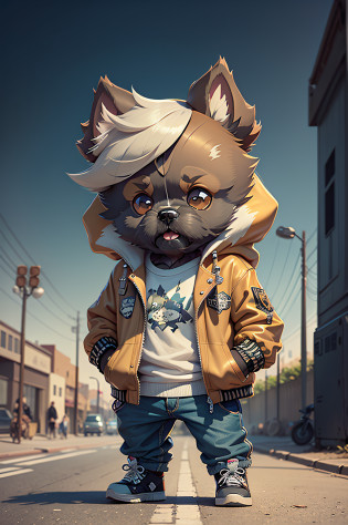 C4tt4stic, Ride a Harley-Davidson?Cartoon Shih Tzu dog in jacket and skateboard?Body hair is camel colored?Details of the appearance of the Shih Tzu dog