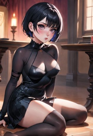 A portrait of an alluring goth girl with short black hair, a small bust, and a curvy figure posing with her finger gently pressed against her lips as she gazes downward. She sits on the floor, her legs partially crossed wearing a short, black pleated skirt that reveals her pale thighs and sheer black thigh-high stockings. Her jet black, pixie-cut hair frames her face. She wears dark purple lipstick that matches her black corset, accentuating her tiny waist and ample hips. A black choker collar sits around her elegant neck. Her eyes are cast downward with alluringly darkened lashes. She exudes a mysterious yet beguiling aura. The lighting accentuates the contours of her curvy, petite posed form and clothing details. The nondescript background keeps the focus on her gesture and outfit. The image is photorealistic with intimate detail.