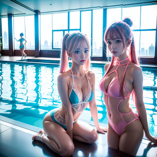 Indoor swimming pool on the 180th floor of the gate of Shanghai Tower?There were five little girls wearing openwork translucent stockings?Pout?Pink double-tailed hair and cyan eyes?Anime little girl in servant costume