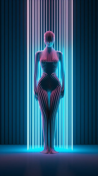 a digitally rendered female figure standing in front of neon lights, in the style of linear compositions, art deco, sculptural costumes, neon realism, stripes and shapes, luminous shadows, bioluminescence --ar 51:91