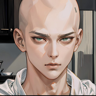 um close up de um homem careca com uma camisa branca, Nice Saitama, Chef Saitama One Punch Man, Retrato de Saitama, Saitama, bald head and menacing look, Um homem de soco, one punch man manga, visual chave anime como Saitama, Nice Saitama. intrincado, bald man, personagem de anime masculino, bald head, olho preto, olho escuro, olho preto