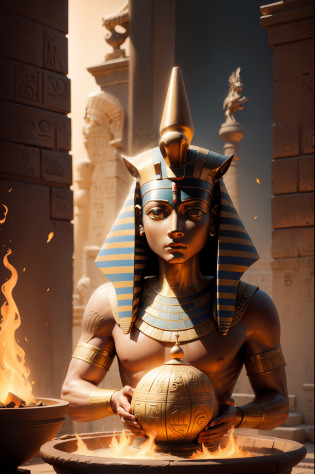 a close up of a statue of an egyptian pharaoh with a fire bowl, the egyptian god, egypt god, egyptian god, temple background, egyptian atmosphere, egypt themed art, egyptian setting, egyptian mythology, wind egyptian god, background depicting a temple, egyptian style, from egypt, egyptian symbolism, pharaoh, an ancient city on fire, ancient god, colorful city in ancient egypt