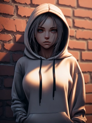 RAW photo, beautiful girl in a hoodie by a brick wall , photo, naked shirt, hyperdetailed photography, soft light, trending on ArtStation Pixiv, high detail, sharp focus, aesthetic, 8k uhd, DSLR, intricate details, soft lighting, high quality