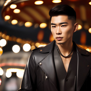 (1 Men?(8K:1.3), Knight image,Asian man photo?Mature men(Best quality, Masterpiece), ?????:1.2?The silhouette blends in with Korea&Japanese male style?The image is based on a 30-year-old man?The character's facial contours are three-dimensional?Be three-dimensional?Wild like a motorcyclist,  Wear leather textured gloves?Full of detail??Short brown hair(Gradient lighting?, 1 man, The skin texture is clear? Look ahead,The man's eyes were anxious?Chapped lips?Sweat on the forehead?The eyes are slender, (Photorealistic:1.4), (Best quality:1.0), (?????:1.0), 8K, RAW photo, (Masterpiece:0.2), (PureErosFace_V1:0.5),Feral male image, Men's leather biker jacket?metallic buttons??Several patterned printed shirts?Wear necklaces and bracelets and 3 metal chains in different styles?A thick rope is tied around the waist, The venue is located in front of the amusement park carousel, The man's expression was nervous?Liso's action?mystical ambiance?Male posture and male facial features(Three-dimensional)?Hair is scattered and layered?Lights illuminate the characters from top to bottom?Bare hair?sun light????????????????