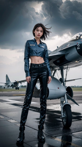 ((smallunderboob,Tomboyish,small heads)), (Well-defined abs: 1.1), (perfect bodies: 1.1), (short-length straighthair: 1.2), Black hair, upper body photos,??????CG 8k?????Extremely refined and beautiful???tmasterpiece???best qualtiy?1.0?????????1.0??beautiful light up?Perfect lightning?realistic shaded?[A high resolution]?Smooth and flawless fair skin?ultra�-�detailed ?Elongated legs?flatchest?Slim?emaciated?Female repairman?At military airfields?On the tarmac of a fighter?open air?summertime?in the afternoon?Severe cloudy days?Rainy days?dark stormy clouds?Lightning?No sunlight?Dimly lit?with intense rain?The raindrops in the air are very large?Next to the huge Su-27 fighter?Under the wing of the fighter?Next to the landing gear of the fighter?are standing?Wear dirty dark blue gloves on both hands?Blue camouflage long-sleeved shirt?Blue camouflage pants?Dark blue cloth shoes?Wet hair?The clothes and pants were soaked?The body is filled with water droplets