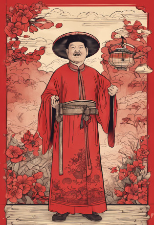 A fat middle-aged man in Vietnam, wearing a hat, a bow tie, wearing a red Mid-Autumn Festival costume, Pixar, full body, pure front, right hand holding a lantern stretching forward, feeling the light, Detail optimized, red background bulge