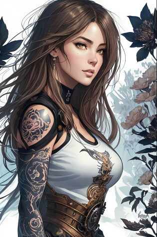 a realist cute habbit in love, freedom, soul, digital illustration, comic style, steampunk noir, perfect anatomy, centered, approaching perfection, dynamic, highly detailed, watercolor painting, artstation, concept art, smooth, sharp focus, illustration, art by Carne Griffiths and Wadim Kashin ::  comix style ryuko hikari ::2.9   style ::2.0 comix illustration style ,digital illustration of beautiful female character in toh-yasu drawing style illustrator, anime style, body with futuristic tribal tattoo style designs in dragon shape, serious face and ultra detailed artwork, graffiti style destroyed city scenery with camera focus, (beautiful and clear background:1.2),,((sof�a vergara  beautiful woman )), ( detailed eyes and detailed face:1.3), (t-shirt or dress:1.3), (beautiful and clear background:1.2), (extremely detailed, ultra-detailed, best shadow:1.1),bare shoulders, flowers and petals,  , (white background:0.5), (illustration :1.1), (extremely fine and beautiful girl:1.1), (perfect details:1.1)