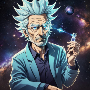 The print has a dark background, in a shade of deep navy blue, which represents outer space. At the center of the print is the character Rick Sanchez, a brilliant, somewhat eccentric and cynical scientist. Rick is in his classic laid-back posture, with a bottle of liquor in one hand and an interdimensional portal open behind him.

Rick is portrayed with his characteristic appearance: shaggy, spiky hair, furrowed brows, and a shrewd, defiant look. He's wearing his white scientist lab coat, which is a bit dirty and worn, displaying a carefree personality towards appearance.

Rick's facial expression is a mixture of sarcasm and genius, capturing his dismissive attitude and sharp intelligence. His blue eyes glow with an intense glow, reflecting his infinite curiosity and his ever-active mind.

Around Rick, there are a few elements that represent the series' frequent concepts and themes. For example, we see some jars of colored substances on a table next to him, which symbolize his scientific experiments and his incessant search for knowledge.

In the lower right corner of the print, there is the 