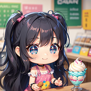 perfect-composition?Perfect pictorial composition?Cartoon girl with long hair?cartoon artstyle?Cartoon Cute Girl?Chibi Girl?Chibi?cute cartoon style?Cute art style?Cartoon style?Cartoon style illustration?Digital art of cartoons?Cute digital art?Cute anime girl?Chibi?estilo chibi?Kawaii Girl?an anime drawing?pop-art?Cartoon style illustration??Equivalent?Head large?kawaii eyes?radiant eyes?Sparkling eyes?kawaii faces?Innocent face?smooth hair?Black hair?Black hair?ice cream?Cooking ice cream?kindly smile?having a ice cream?Ice cream shop?Ice cream?store clerk