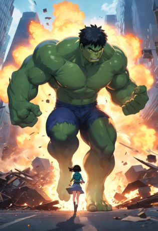 (best quality,4k,8k,Alto,master part:1.2),ultra-detalhado,(Realistic,fotorrealista,photo-realistic:1.37),Hulk,quadrinhos da marvel,corpo forte e musculoso,roupas rasgadas,pele verde,angry expression,punhos cerrados,Massive appearance,poder destrutivo,marvel superhero,Centro de Manhattan,Nova Iorque,skyscrapers in the background,atmosfera escura e intensa,dramatic lighting,arte em quadrinhos,explosive action,dinamic poses,cores vibrantes,wreckage destroyed,fury and power emanating from the Hulk,intensidade emocionalmente carregada,action-packed scene,epic showdown,sensational illustration.