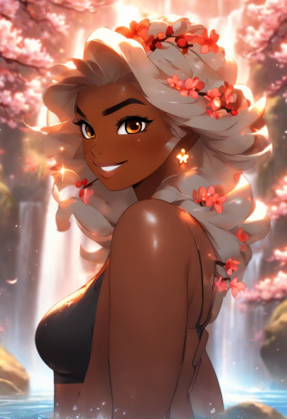 (((Dark skin, heavy set, chubby, fat, bulbous,)))(melaninated cherry blossom maiden),(Darkskin:1.2) sensual, cool, salacious, curvaceous, powerful, , random hair style, long hair, (hetrochromia eyes:1.2), (dark skin,) (chocolate-skinned female, statuesque, sensuously cool, braided black hair, soft heart-shaped face, concaved Nubian button nose, alluring, powerful. sensual, tone, and heavy and hearty body, heart hips, supple large pear breast,heart-shaped rear., cicular shades amber eyes:1.5 (,orange cherry blossom outfit),):1.2,(perfect details), (extremely fine and beautiful:1.1), (character shot) beautiful face, beautiful eyes, (detailed face, detailed eyes:1.2), detailed lip, shiny skin, oil skin, shiny hair,,(Cool smile:1.2), , (, random pov:1.2), , , dangerous:: (lots of steam:1.5),( cherry blossom waterfall:1.5),( ,fantasy),((magic, futuristic fantasy :1.5)),((grotto,cliff, watterfall:1.2)), various decoration),(cherry blossom field, highly detailed facial expressions, realistic expression, perfect peice, perfect prompt, full length, best quality, intricately accurate facial and physical structure, intricately realistic expression and emotion, accurate colored complexion, accurate body anatomy, , complex hair styles, intricate character detail, intricately expressive, intricate color desgin, complex emotions, pov, (ultra-detailed,5k, 717 gigapixels)((masterpiece), (best quality), (ultra-detailed), (masterpiece:1.2), (ultra-detailed:1.2), sense of depth, depth of field, (add layer:1.2), dynamic angle, scenery, dramatic lighting, volumetric lighting, golden hoursteven universe style,ComicCovers