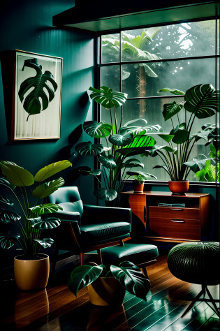 midcentury modern living room dimly lit with dark rainy evening outside, (foggy rainy evening:1.2), pacific northwest, (dim lighting:1.4), (moody lighting:1.2), plants, large plants, rainy, monstera, many plants, (foggy windows:1.2), masterpiece, best quality, twilight hour, (nighttime:1.4), rainy evening, after sunset,