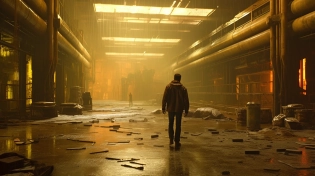 In Blade Runner: 2049, an abandoned and decaying industrial complex, covered in rust and overgrown vegetation, dimly lit by flickering fluorescent lights, leaking water echoing in the empty halls, portraying a sense of desolation and decay, Sculpture, clay and metal, realistic textures and weathering effects, --ar 16:9 --v 5. 1