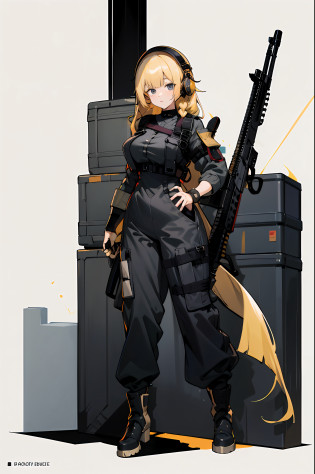 masterece-piece?Highest image quality?intricate-detail? 1girl huge large breasts, solo, white backgroung,militaryuniform? Long black curly hair, head phone, Body armor, looking looking at viewer?Black cargo trousers?With long blonde hair?assault rifle?Black boots?being thin