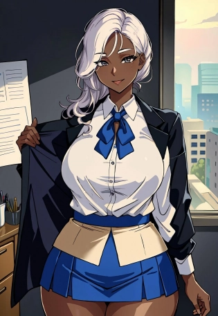 (masterpiece:1. 2), (best quality:1. 2) 1girl, long eyelashes, anime style, perfect face, full lips, smile, mature, sweat, pale skin, wet cloth, very dark skin, thick thighs, wide hips, office lady, jacket, blouse, skirt<lora:hellap-14:0. 7>