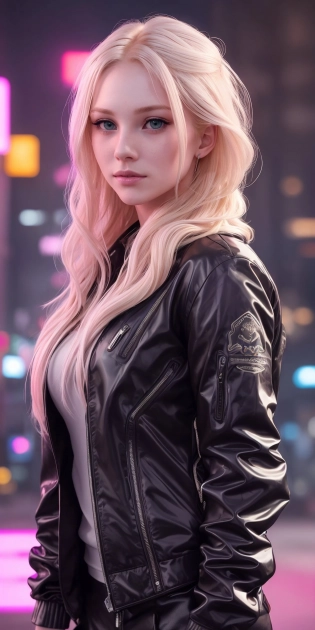 [three-quarter close-up::12], [gorgeous face, long blond wavy hair, (pale skin:1. 2), pastel lighting, mysterious smile, ((looking at the camera)), bright and piercing eyes:9], gorgeous young cyborg girl ((anatomical:0. 7) (cybernated (arms:1. 1) in Deus Ex Mankind Divided style:0. 9)) and (trim and athletic:0. 8), (glossy [with rolled up sleeves] blown jacket in fashion magazine style, clothing jacket, night city), (Dylan Kowalski:1. 3), inside a slum alley with (neon signs:0. 6), (dramatic neon lighting:0. 9), natural glossy, [stunning high-activity unity render::30]Maximally natural hair[superdetail, ((professional photography, hyperphotorealistic, cinematic, natural reflection textures, natural materials, high-contrast shadows, cinematic lighting, soft lighting)):20], (neon lighting:0. 8), 150mm, ISO 100