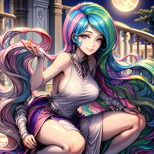 MLP ?Five fingers?big breasts beautiful??luring?Reveal attire?bare-legged?barebacked?ssmile?the night?rays of moonlight?squatting pose?beckon?
