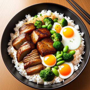 Dog eating, animation, high quality, high resolution, rice bowl, fried egg, braised pork, diced radish, beans, rice, broccoli