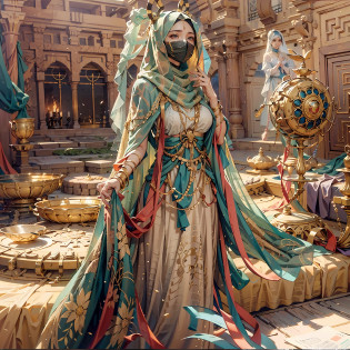 in a panoramic view?photorealestic?8K?Arabic style?golden hues?with blue sky and white clouds?Desert oasis?A market outside the luxury Arabic tent cluster?2 Arab slave girls?Wear a translucent traditional Arabian burqa?Arabic hijab?The Arabian veil is masked?Bind your hands?bound waist?anklet?sat on the ground?Eyes seductive?Mask masks?Gorgeously dressed?A noblewoman in a lavish Arabian burqa?See them up close?All masked?Perfectcomposition?professinal?Meistwick?commissioned?best qualtiy?color corrected?After fixation?Retouching?Improvement?Epic?Tone-mapping?the detail? highly  detailed? digitial painting? art  stations? Conceptual map of the long dam? Smoothness? Sharp focus? Beautiful illustration? photore? The light from the back window is backlighted? ????? Mist? ??? cinematic grain? professinal? face to the viewer??Beautiful m3d_woman? Perfect M3D_face,?? Volumetriclighting? subsurfacescattering? Good highlights? Good shadows? cinematic ligh