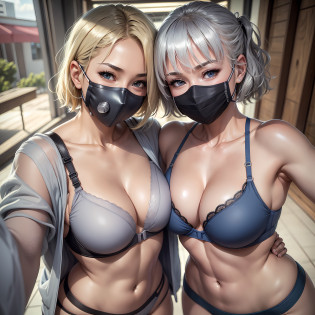 smooth skin, 4k, best image quality, smooth skin, seaside, sandy beach, mask on face, gray mask on face, gray, no face mask, chrome mask, short hair, single mask, face mask, surgical mask that covers the mouth, (((mask)), shikamimi, silver color, gray skin, face mask, blonde blue eyes, big, big breasts, beautiful woman, beautiful girl, girl, blonde woman, sexy underwear, sexy bra, mesh fabric bra, sexy pants, two women, lovers, hugging, smiling --auto --s2