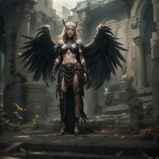 (Numerous award-winning masterpieces, with incredible detail, textures and maximum detail), (full-body standing image:1.8), (upper body up:0.3), (hyper realistic:1.4), (realistic:1.3), (best quality real texture skin), (Lord's Hell Demon Warrior: 1.6), (Holds a sinister straight sword hilt that emits an elaborately decorated glow of hellfire: 1.9), (finely detailed true circle Symmetrical eyes), (finely drawn beautiful face), ((medieval world)), (Full body armor with delicate decoration that gives off a sinister shine: 1.8), (full-body standing image:1.8), (Beautiful yet evil eyes), (Smiling cruelly), (Eyes of a sinister color filled with malice), (Majestic thunderclouds and sky with shining lightning: 1.4), (halo optical phenomenon:1.3), Dramatic Light, majestic sight, (Large wings with Jet black feathers behind the shoulders:1.7), (((Folded wings))), Glass earrings on the ears, (((dramatic photo))), (full-body standing image:1.8), (Sacred Pose), (golden hair), (silver hair), (chestnut hair), Short cut hair, ((looks up)), ((looking down)), (Around her neck is a simple necklace of exquisite workmanship), Old ruins infested with plants, great temple, great cathedral, temple ruins, detached temple, (Luminous magic circle), Ruins of an ancient castle, Deserted ruins, crumbling ruins, Ancient ruins with clear water, highly detailed, ultra-realistic, intricate details, painting (artwork), ((masterpiece,best quality)), ((cinematic light)), hyper realistic, fearsome, dark fantasy, Sacred Light, epic realistic, faded, ((neutral colors)), art, (hdr:1.5), (muted colors:1.2), hyper detailed, (art station:1.5), cinematic, warm lights, light effect, dramatic light, (intricate details:1.1), complex background, (Greg rutkowski:0.8), (teal and orange:0.4),