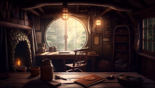 work room, The hut from the movie The Hobbit, indoor, 8K HD --ar 16:9