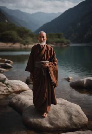 /Imagine an old Zen monk, High-ranking monks, gray robe, with big eyes, Meditate with a smile, Face the camera, Full body photo, frontal photos, The background is alpine running water, Chinese wind, detaileds, Cinematic Light, High quality - AR 3:4[Pictures], ?.3D, surrealism, Cinematic lighting, nffsw, Super Detail, Textured skin, nffsw, ccurate, Textured skin,