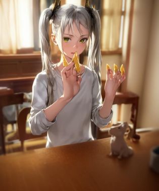 best quality, ultra detailed, illustration, an extremely delicate and beautiful,realistic,4k,
my room,
1girl,18years old,sitting,shirt,twintail silver, hand in front,hands focus,looking at viewer, 
 <lora:tongaricorn:1>tongaricorn,5fingers in yellow snack