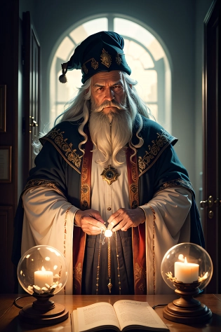 (Masterpiece:1. 2), (Best Quality), Detailed, UHD, Cinematic Lighting, sharp focus, (illustration:1. 1)intricate, Old Wizard with long white hair and beard, wearing a wizard's robe and hat, pondering a glowing orb, in a dimly lit room, magician's room, glowing lights, flickering lights, Model: a-Zovya RPG Artist Tools