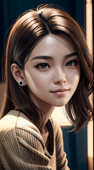 [25-year-old female],[face: round], [eyes: almond eye shape, brown color, thick and curved eyebrow shape], [Nose: Sticky shape, small hole], [Mouth: thick lip shape, Neat teeth], [Chin: Tyre chin shape, Sunken chin], [Hair: Long hairstyle, black color,], [Ears: Small ear shape], [skin: white skin color, Smooth skin texture], [Facial expression: smile], [Activity: Sitting on the sofa in the living room],
[Top clothes: T-shirt, brown color, plaid pattern, delicate texture, casual wear style, folded clothing design, well-maintained clothing condition]
Professional photograph of a stunning woman detailed, cinematic lightning, octane render, unreal engine, volumetrics dtx