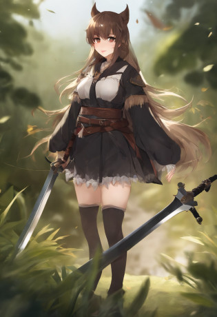(required: 1.0), (best quality: 1.12), (message: 1.0), One Girl, Japanese, solo, flat, multicolor, animal ear fluff, brownish-black fluff, fringed hair, slanted eyes, black riding crop, scarf, solo, swordsman, sword, plant, ( (Random: 1.4) gradient background, ( Random: 1.4) Smooth lighting ( Droplets ), (Artwork: 0.8) Portrait, (Total Length: 0.85)