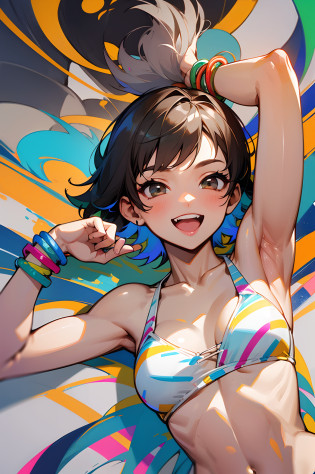 (Best Quality, hight resolution:1.2, Ultra-detailed),Girl with short cut gray hair?She is 20 years old?brown skinned?Wearing a white bikini?slender muscular body?bare-legged?Colorful bracelets?Colorful anklets?Smile cheerfully?Laugh?Dance cheerfully?Zoom up of the face