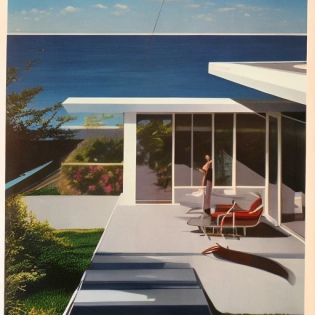 hyper realistic eye level exterior photo of a mid century modern style house overlooking the ocean, daylight, indirect lighting, AD magazine, Frank Lloyd, Eames, Mies van der Rohe