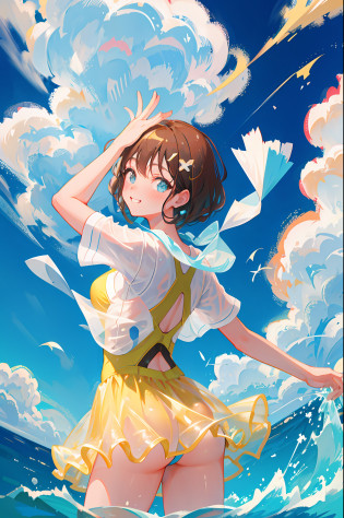 master-piece,hyper quality,hyper detailed,perfect drawing,solo, brilliant, beautiful, majestic, elegant, glittering, flower and bird wind moon, fantastic, quaint, beautiful girl in one swimsuit, back figure, round and cute ass, punipuni, meaty ass, buttocks sticking out pose, B99W66H110, chubby, plump, blush, sweat, Tanned skin, cheeky smile, swimming club, competitive swimsuit, one-piece type swimsuit, sober swimsuit, 15 years old, blue sky, cumulonimbus clouds, brilliant sun, sparkling water surface, school swimsuit, competitive swimming pool, shot from the front diagonally below, bust up, see-through, thin fabric swimsuit, clearface, master-piece, hyper quality, hyper detailed, perfect drawing,CG,3D,8k,illustration,beautiful face girl,hiten_1,