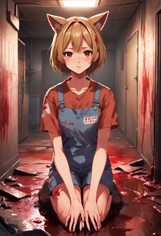dirty scene of female serial killer catgirl with two cat ears in brightly-lit warehouse in realistic style, close portrait shot of feminine neglected senior woman with cat ears in a bloodied blood-covered poop-smeared poop-stained white shirt standing in a well-lit room, working clothes, work clothes, her clothes are torn and dirty, wearing dirty overalls, grease-stained work clothes, (dirty), poop-smears, rust stains, working woman mechanic, stained coveralls, portrait shot torso and up, bodily neglect, homeless filth, eye-level shot, in the rusty and bloody style of the playstation 2 video game silent hill 3, scary dirty, hard work, greasy hands, soot, sooty, silent hill aesthetic, resident evil aesthetic, (brightly lit garage), unclean, bodily neglect, murder scene, serial killer, bathed in blood, blood blood blood blood blood, realistic poop-smeared, soaked in blood, clothes covered in poop, catgirl from the playstation 3 silent hill,