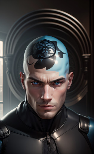a closeup of a bald 21-year-old man in a black wetsuit, no beard and no goatee portrait of male humanoid, highly detailed head, realistic face and hybrid body, detailed humanoid, extremely detailed face and body, detailed bright head, detailed face of an android, unreal motor blue face, realistically proportioned head, face is highly detailed,  with very detailed face, humanoid face --auto --s2