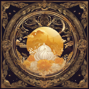 Mid-Autumn Festival, A round moon, the night, ?Moon cake?, teas, the fruits, edgBunny, Chang'e rushes to the moon, symmetry, high detail, Romanticism, sparkle, god rays, ray tracing, UHD, retina, masterpiece, ccurate, super detail, high details, high quality, best quality, highres, 16k, anatomically correct