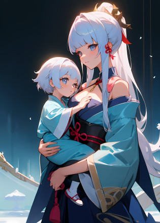 anime image of two women dressed in traditional japanese clothing in snow, bluish white hair, characters from azur lane, anime fantasy illustration, from the azur lane videogame, genshin, artwork in the style of guweiz, cultivator detailed art, two beautiful anime girls, mother and child, symbol of maternal love, mother and child, such as photos of mother and child, ((masterpiece,best quality, detailed)), ultra-detailed, detailed hair, hard rim lighting,((dramatic lighting)),sharp focus,mother and daughter, medium breasts, female child(flat chest), holding, ru_qun, (off shoulder), (Hanfu:1.1)