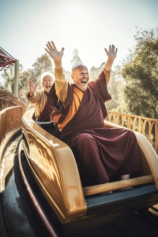 two old elderly zen monks wearing zen robes riding a rollercoaster, arms raised above their heads, laughing and having fun, bright sunny day at an outdoor amusement park, a sense of wonder, cinematic lighting, rule of thirds composition, action photography --ar 2:3 --q 2 --v 5