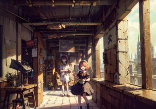 (comic), (creative frame design), flat_color,{{{ limited palette}}},story, {girl}, gothic, {speech bubble}, {speak arrow (symbol)} ,meme, manga frame, ((dark intense shadows)), ((cinematic lighting)), ((overexposure)),cute anime faces, sketch,{{storyboards}}, (pretty face), section, frame, {border}, {split_theme}, {{split screen}}, {Cartoon split},
crackedfloor,damagedclassroom,Tablesandchairsindisarray,TheresidualeavesDuanBi,beautifulsky,cumulus,mouldy,floating,wind,Deadendmachine, (brokenrobot),(Mechanicalgirl),{2 girls}, flat_chest, diamond and glaring eyes, black eyes, beautiful detailed cold face, {short red hair}, short wavy hair, beautiful detailed eyes, glowing eyes, touhou project, 1girl,braid,dress,eyelashes,frilled skirt,holding knife, holster,maid,maid headdress, medium hair,pocket watch,puffy short sleeves,silver chain, thigh strap, wrist cuffs, open mouth,blank stare, smile,angry,tears
//
 <lora:Shurima:0.6>, Shurima:1.2,desert:1.3
