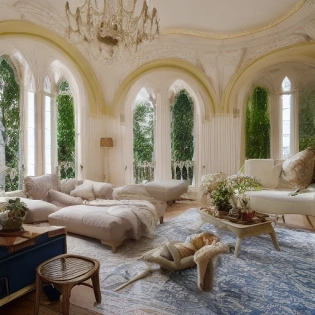 High resolution photography interior design, dreamy sunken living room conversation pit, wooden floor, tall french windows opening onto the garden, gothic furniture and decoration with tv unit, sacred space in the interior, beige blue salmon pastel palette, interior design magazine, single storey house and 4 meters wall height, , cozy atmosphere; 8k, intricate detail, photorealistic, realistic light, wide angle, kinkfolk photography, A+D architecture