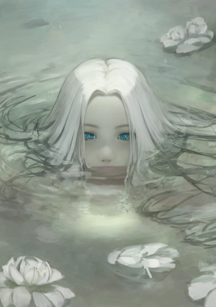 a close up of a person in a body of water with a white hair, floating drowned, loish | , drowned, loish and wlop, watery eyes, in a pond, inspired by loish, within a lake, in the art style of bowater, water eyes, face in water, nymph in the water, in water