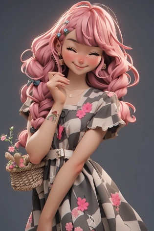 A cute kind-hearted and nurturing young girl, with side braid pink hair, round face, soft smile lines, kind face, wearing ?owy dress with ?ower pattern and sandals, holding a bouquet of ?ower, look empathetic and caring, IP character, 3D C4D, 8K, OC renderer, blind box, best quality, cinematic lighting, contrast, detail, art, award winning, UHD, 3D rendering --s 800 --ar 2:3 --niji 5 --style expressive --style scenic
