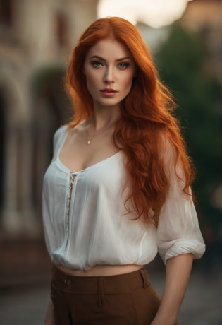 professional, (4k photo:1.1) by (Jeremy Lipking:0.3), (Dittmann Anna:0.3), (Arian Mark:0.3), (Sharp focus:1.3), high detail, wearing (tight shirt:1.2), beautiful detailed face, an attractive woman with long red hair looks into the camera, looking like actress Katherine McNamara, panasonic lumix s pro 50mm f/1.4, anne stokes, color splash, dark orange and dark emerald, ferrania p30, photo realistic, (attractive young woman:1.3), (seductive:1.1), (blushing:1.1), hourglass body shape, big round breasts, wide hips, in background city