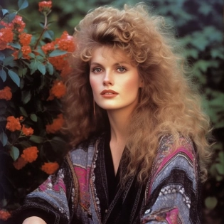 beautiful woman from 1985, portrait, 1985 hairstyle, big hair, 1980's make up , standing in a garden bursting with flowers Paulina G�ra, Rachel Ruysch