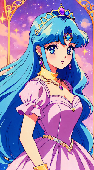 1 Princess?Character Standing Painting?thick blue hair?(Beautiful dress?Hairstyles?tiara crown?Jewelry)?Pretty eyes?blush?PastelColors?retro anime?1990s anime?tmasterpiece?Best Quality