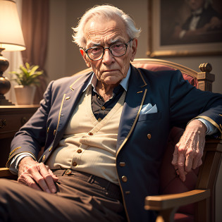 a millionaire with a lot of money behind him wearing eighteens century cloths wearing glasses sitting in serious mood, sitting on chair, realistic, a old age man, like a real human, 4k --auto