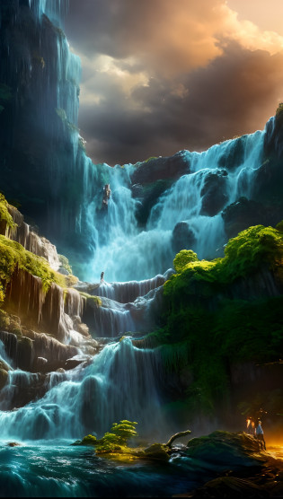 Waterfall in the middle of the forest with man standing on rocks, huge waterfall, stunning waterfall, Alien Falls, floating waterfalls, an endless waterfall, beautiful stunning waterfall, huge waterfall, amazing wallpapers, breathtaking fantasy art, impressive fantasy landscape, high waterfall, stunning digital painting, Waterfall background, huge waterfall, Waterfall Wall, Waterfall of the ancient monument, beautiful wallpaper