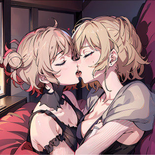 red girls, scale, flat breasts, , , kiss, yuri, looking at each other, hug, passionate, touching, tongue, mouth open, toga and kotoko, (2girls), short hair, two separate girls, different hair, blonde hair, french kiss, romantic, erotic, bed, bedroom, beautiful face, closed eyes, touching breast, holding breast, grabbing breasts, touching eachother with love